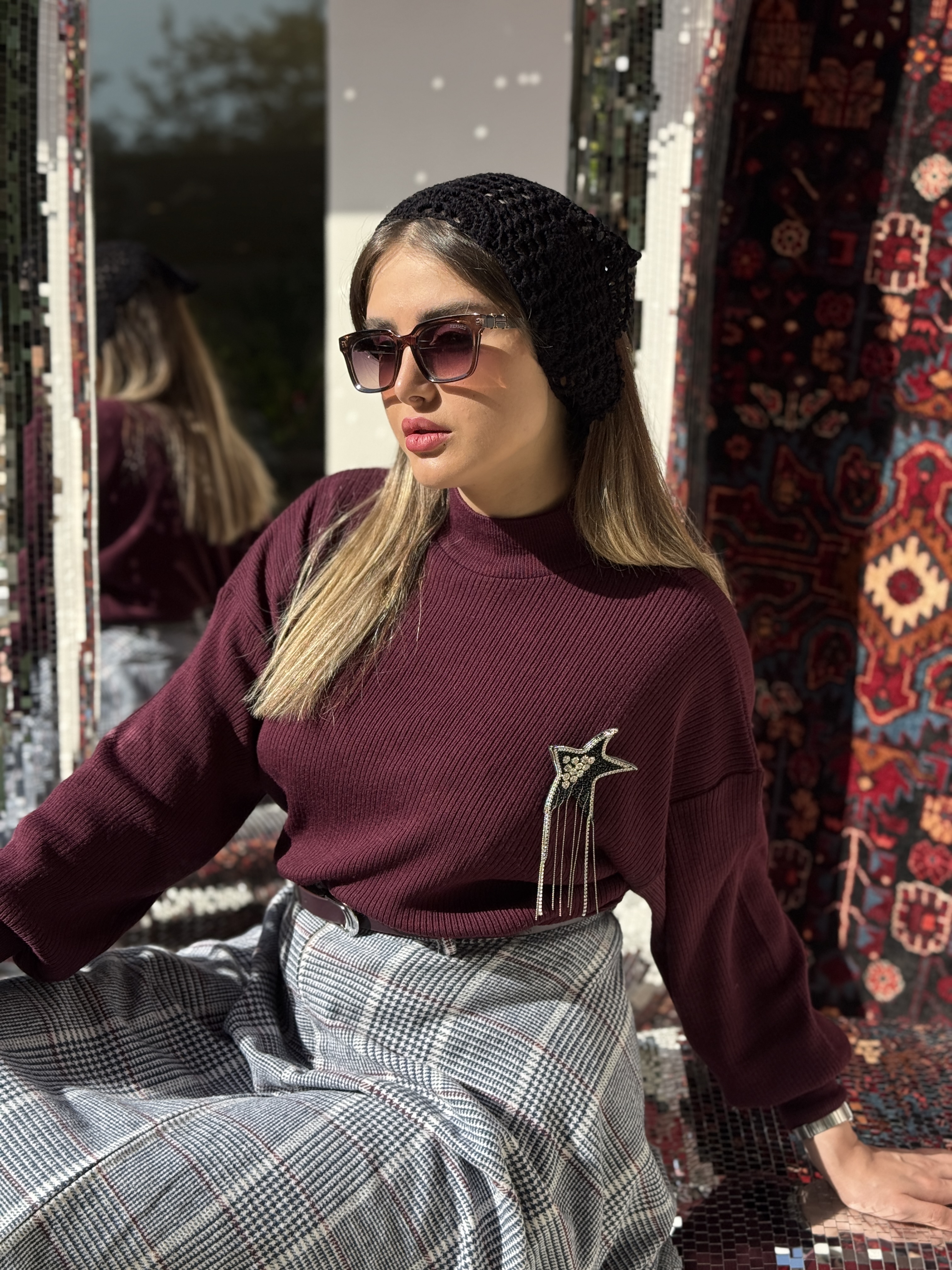 ست بلیز و دامن زنانه بافت با دامن طرح پیچازی طوسی زرشکی